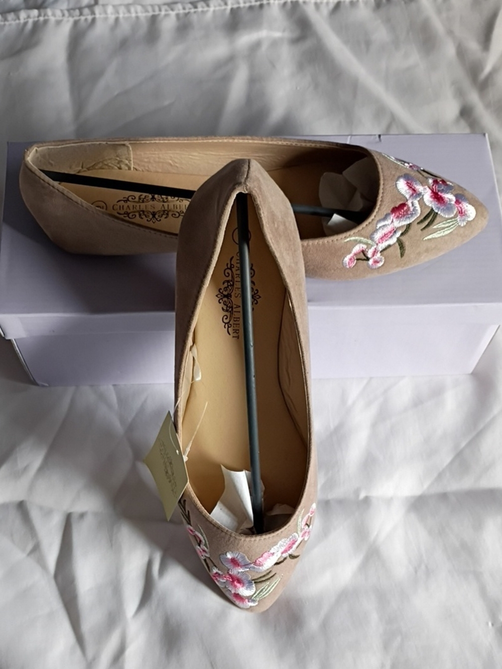 Charles Albert Taupe Pointed Toe Flats with Pink & White Floral Embroidery